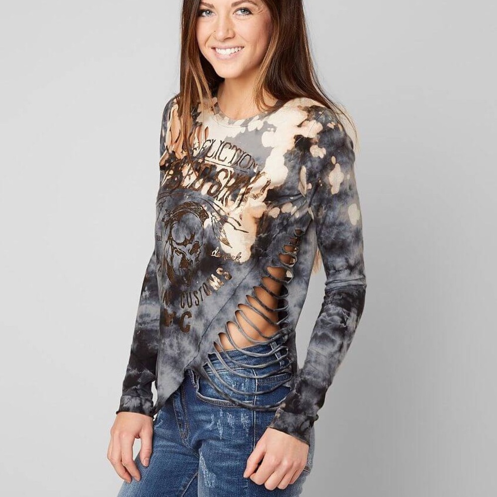 Affliction Brand Speed Shop Long Sleeve Crew Shirt Distressed Tie- Dye Grunge